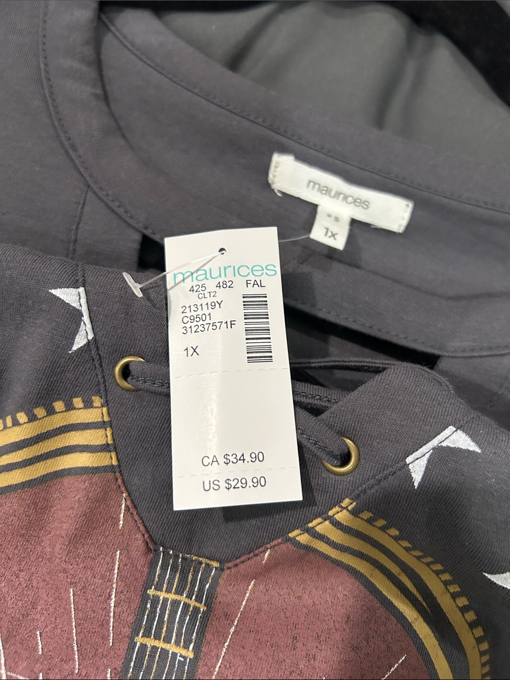Maurices Charcoal Gray Lace-Up Guitar Graphic Tee - Picture 2 of 11